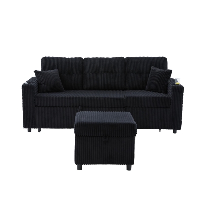 Multifunctional Corduroy Sofa Bed with Hidden Storage, 196L x 82W x 85H cm, Black