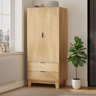 HOMCOM Armoire 2 Portes 2 Tiroirs Bois Naturel 80x50x180cm