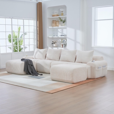4-Seater Modular Cord Sofa with 2 Ottomans and Integrated Cup‑Holders, 333L x 174W x 80H cm, Beige