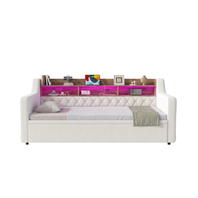 2-in-1 Beige Velvet Sofa Bed with Armrests and Storage Headboard, 201L x 107W x 80H cm, Beige