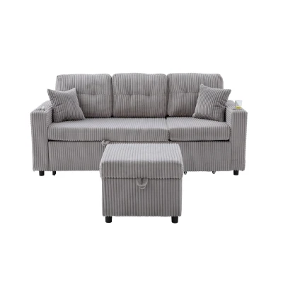 Multifunctional Corduroy Sofa Bed with Hidden Storage, 196L x 82W x 85H cm, Light Gray
