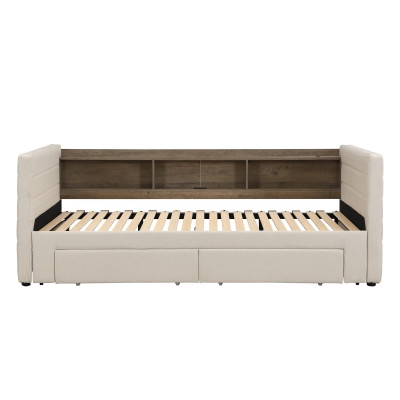 Practical Upholstered Daybed with Extra Pull-Out Trundle, 200L x 140W x 100H cm, Beige