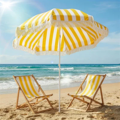 Outsunny Sombrilla de Playa con Flecos Ø180 cm Sombrilla de Terraza Exterior Altura Ajustable Inclinación 30° Amarillo y Blanco