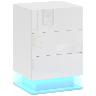 HOMCOM Mesita de Noche con LED RGB 3 Cajones y Mando a Distancia Diseño Moderno 40x35x60 cm Blanco Brillo