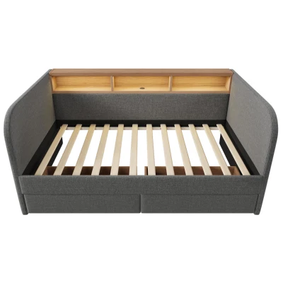 Upholstered Daybed with Integrated USB & Type‑C Charging, 197.5L x 107W x 70H cm, Grey