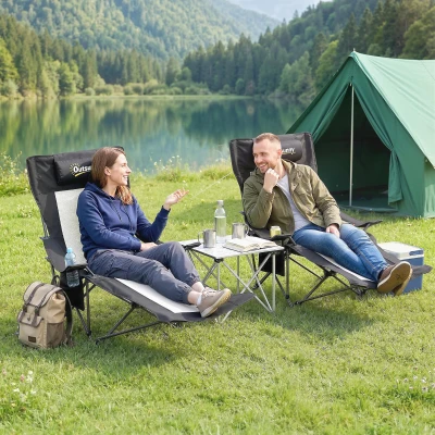 Outsunny Conjunto de 2 Sillas Plegables Camping Reclinables con Reposapiés Desmontable Reposacabezas Portavasos y Bolsa Negro