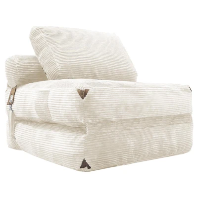 3-in-1 Convertible Corduroy Floor Sofa Bed with Side Pockets, 87L x 86W x 40H cm, White