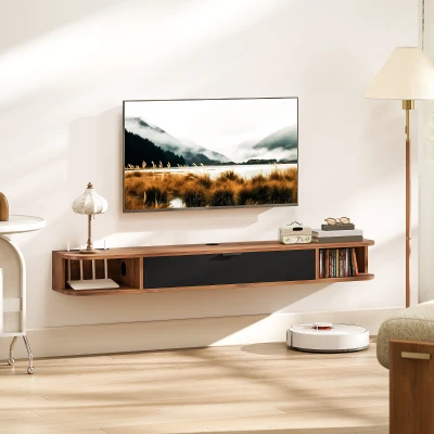 HOMCOM Meuble TV Suspendu Noyer 140cm Tiroir 2 Étagères 60"