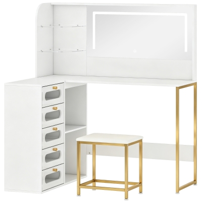 HOMCOM L-Shaped Vanity Desk LED Mirror Drawers Stool White