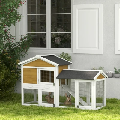PawHut Hasenstall 2 Etagen Kaninchenstall Holz Kaninchenkäfig mit Bitumendach Freilaufgehege Rampe Türen 147x54x84 cm Gelb