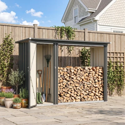 Outsunny 2-in-1 Kaminholzregal Außen verzinkter Stahl 235 x 67 x 149 cm Brennholzregal mit Geräteschrank Schrägdach Dunkelgrau
