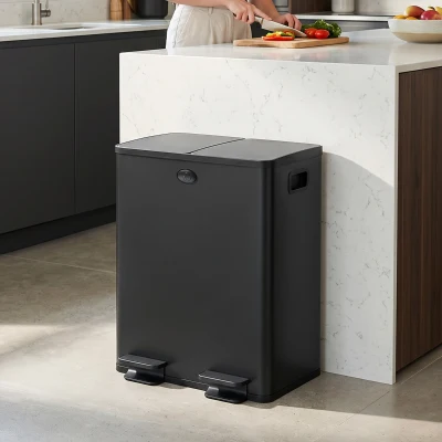 HOMCOM Papelera de Cocina de Acero Inoxidable con 2 Compartimentos 2x20L Pedal Tapas de Cierre Suave y Cubo Extraíble Negro