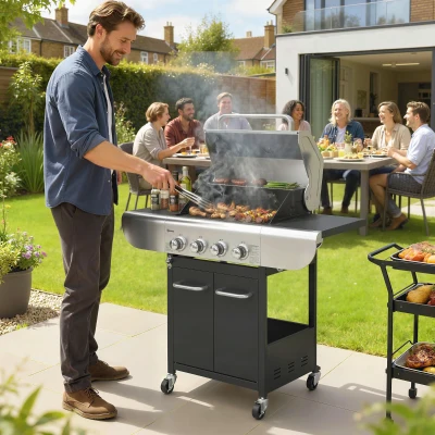 Outsunny Barbacoa de Gas con 4 Quemadores 12,8 kW Termómetro Parrillas de Hierro Fundido Mesas Laterales Armario y Ruedas Negro