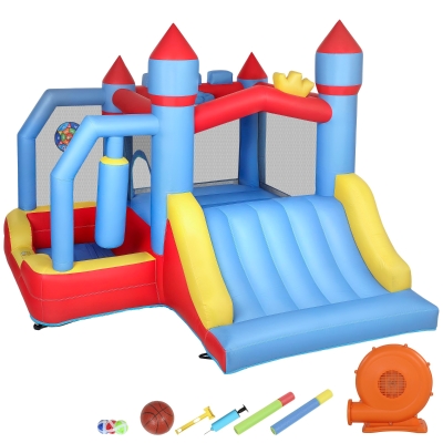 AIYAPLAY Castillo Hinchable para Niños con Soplador Tobogán Trampolín Piscina Pilar de Boxeo y Aro de Baloncesto 277x270x215 cm