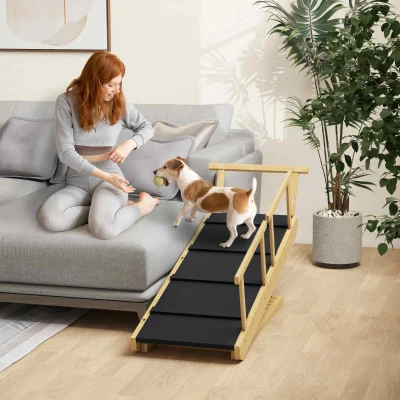 PawHut Hunderampe, höhenverstellbar, klappbar, Geländer, für Hunde bis 40kg, Holzrahmen, 85 x 40 x 61 cm, Schwarz