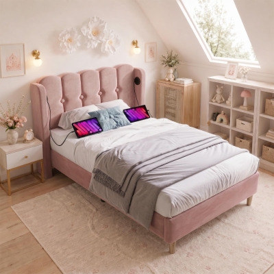 Practical Single Bed with USB and Type-C Charging Ports, 197L x 103W x 103H cm, Pink
