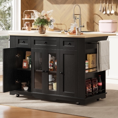 Stylish Kitchen Island with Foldable Worktop and Dining Extension, 151.5L x 60W x 91.5H cm, Black