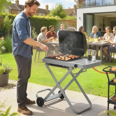Outsunny Barbacoa de Gas Plegable con Quemador 2,5 kW Tapa Termómetro Mesa Lateral y 2 Ruedas Parrilla Recogedor Grasa Negro