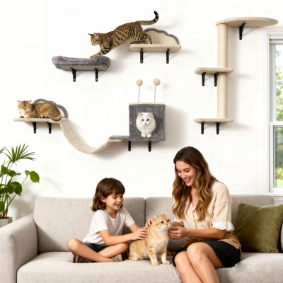 PawHut Wandmontiertes Kratzbaum-Set, Sisalkratzflächen, 4 Teile, für 1-3 Katzen, Beige
