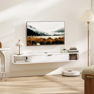 HOMCOM Meuble TV Suspendu Blanc 140cm Tiroir 2 Étagères 60"