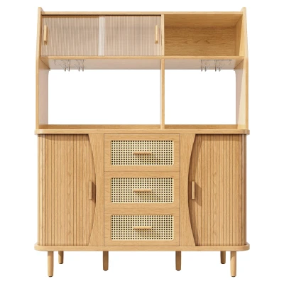 Adjustable-Feet Dining Room Cupboard with Wine Glass Holders, 140L x 40.5W x 174.5H cm, Wood