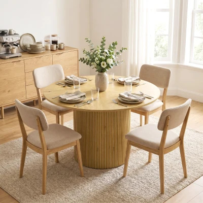 HOMCOM Mesa de Jantar Redonda Moderna para 4-6 Pessoas, Mesa de Cozinha de 110 cm com Base Cilíndrica Canelada, Carvalho