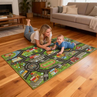 AIYAPLAY Krabbelmatte Baby, Spielmatte 160x100x0,5cm, Krabbeldecke mit Rutschfester Unterseite Stadtmotiv für Kinderzimmer
