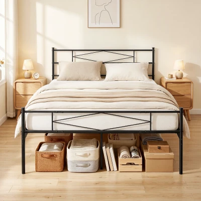 HOMCOM King Metal Bed Frame Headboard Storage Black 5ft