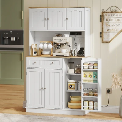 HOMCOM Alacena de Cocina con Estación de Carga 6 Puertas 1 Cajón Estantes Ajustables Encimera Amplio 100x40x173 cm Blanco