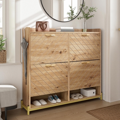 Space-Saving Shoe Cabinet with 4-Door Storage, 108.5L x 24W x 100H cm, Natural