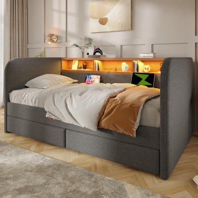 Upholstered Daybed with Integrated USB & Type‑C Charging, 197.5L x 107W x 70H cm, Grey