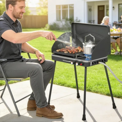 Outsunny Barbacoa de Gas Portátil 2 en 1 Propano 7 kW de Mesa o de Pie con Plancha Grande Patas Desmontables Negro