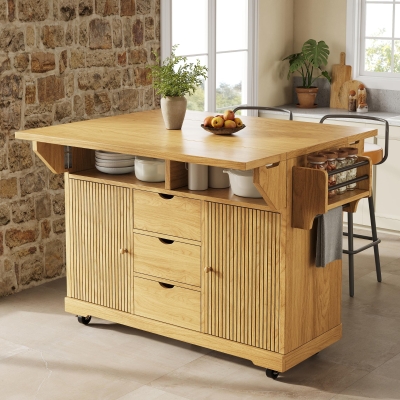 Foldable Serving Trolley with Ample Storage and Snack Racks, 142.5L x 40W x 95H cm, Natural+Light Brown