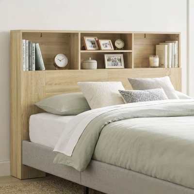 HOMCOM Cabecero de Cama 140 cm con Almacenaje Cabezal de Cama con 4 Compartimentos Abiertos para Dormitorio Roble