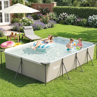 Outsunny Piscina Desmontable Tubular 394,5x208,3x80,5 cm 6075 L con Marco Metálico Parche de Reparación sin Depuradora Gris