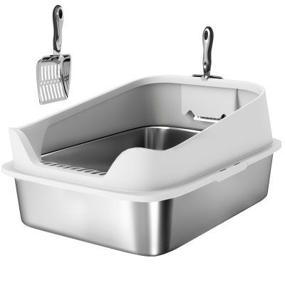 PawHut Katzentoilette Edelstahl Offene Katzenklo mit Schaufel hohem Rand für große Katzen bis 7 kg, 60,2 x 40,2 x 29,7 cm, Grau