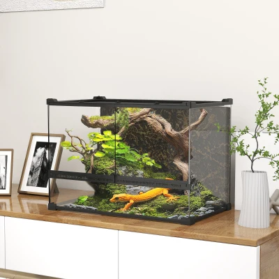 PawHut Terrarium für Reptilien Glasterrarium 48L mit Frontbelüftung Steinrückwand Drehverschluss 50 x 30 x 35 cm Schwarz