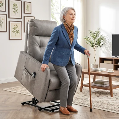HOMCOM Sillón Relax Reclinable Eléctrico Levanta Personas de Cuero PU Control Remoto Asiento con Resorte Reposapiés Gris