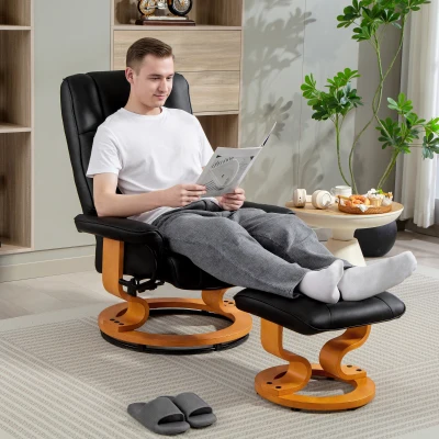 HOMCOM Relaxsessel mit Hocker, drehbar & neigbar, Kunstlederbezug, bis 150 kg, Holzgestell, Schwarz