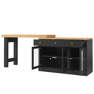 Extendable Kitchen Island with LED Lighting and Glass Cabinets, 120L x 40W x 75.5H cm, Black
