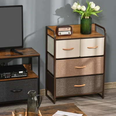 HOMCOM Kommode Schrank mit 4 Schubladen aus Leinen Aufbewahrungsschrank mit Metallrahmen für Schlafzimmer, Wohnzimmer