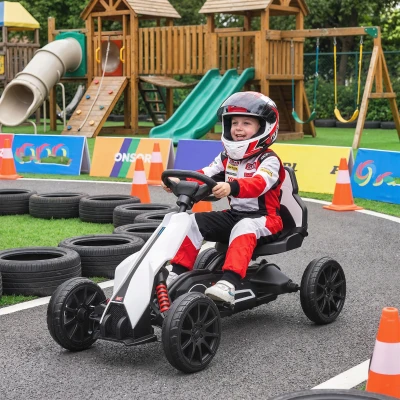 HOMCOM Go-Kart für Kinder, Elektro-Kart, bis 5 km/h, Sicherheitsgurt, Sitz mit Rückenlehne, Kunststoff, Metall, Weiß