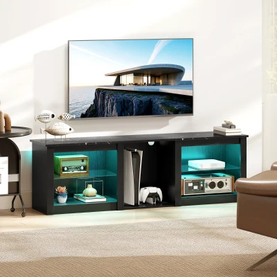 HOMCOM Meuble TV LED 160cm Verre Réglable Noir 65 Pouces