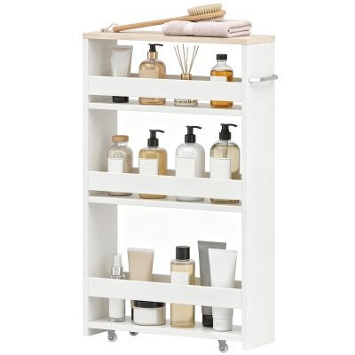 kleankin Armario Auxiliar de Baño Carrito con 3 Estantes y Ruedas para Espacios Estrechos 50x13x67,5 cm Blanco