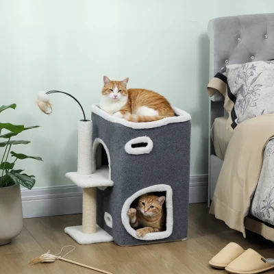 PawHut Katzenkratzbaum, Top-Liegefläche, 2-stöckiges Haus, Sisalpfosten, Grau