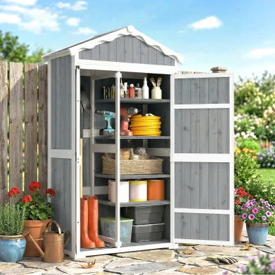 Outsunny Caseta de Jardín de Madera 105x55x179 cm Armario para Herramientas con 4 Estantes Techo de Metal Galvanizado Gris