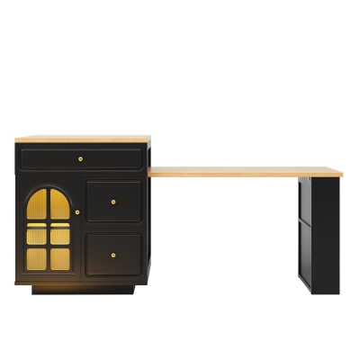 Extendable Bar Table with Arched Tempered Glass Doors, 195.5L x 70W x 93.5H cm, Black