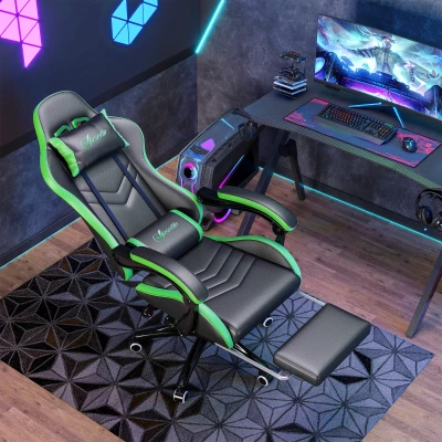 Vinsetto Silla Gaming de Cuero Sintético Reclinable 135° Reposacabezas y Reposapiés 65x65x121-129cm Negro y Verde