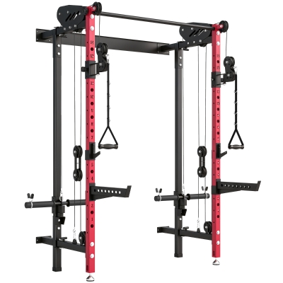 SPORTNOW Jaula de Potencia Plegable Rack para Sentadillas con Barra de Dominadas Sistema de Poleas Carga 700 kg Rojo