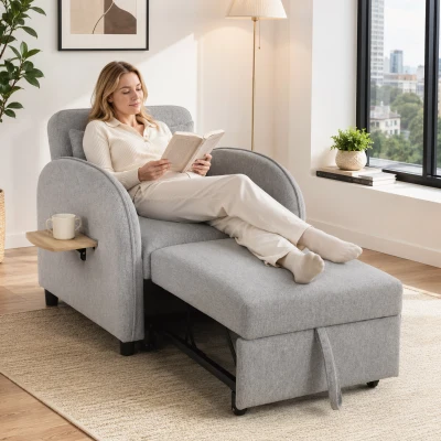 HOMCOM Sillón Cama Convertible 3 en 1 Sofá Cama 1 Plaza con Mesa Lateral Plegable Respaldo Ajustable Gris